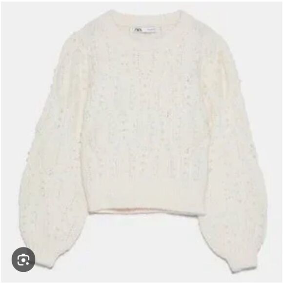 Zara Ivory Faux Pearl Alpaca Wool Blend Balloon Sleeve Sweater Size Medium - Picture 1 of 13